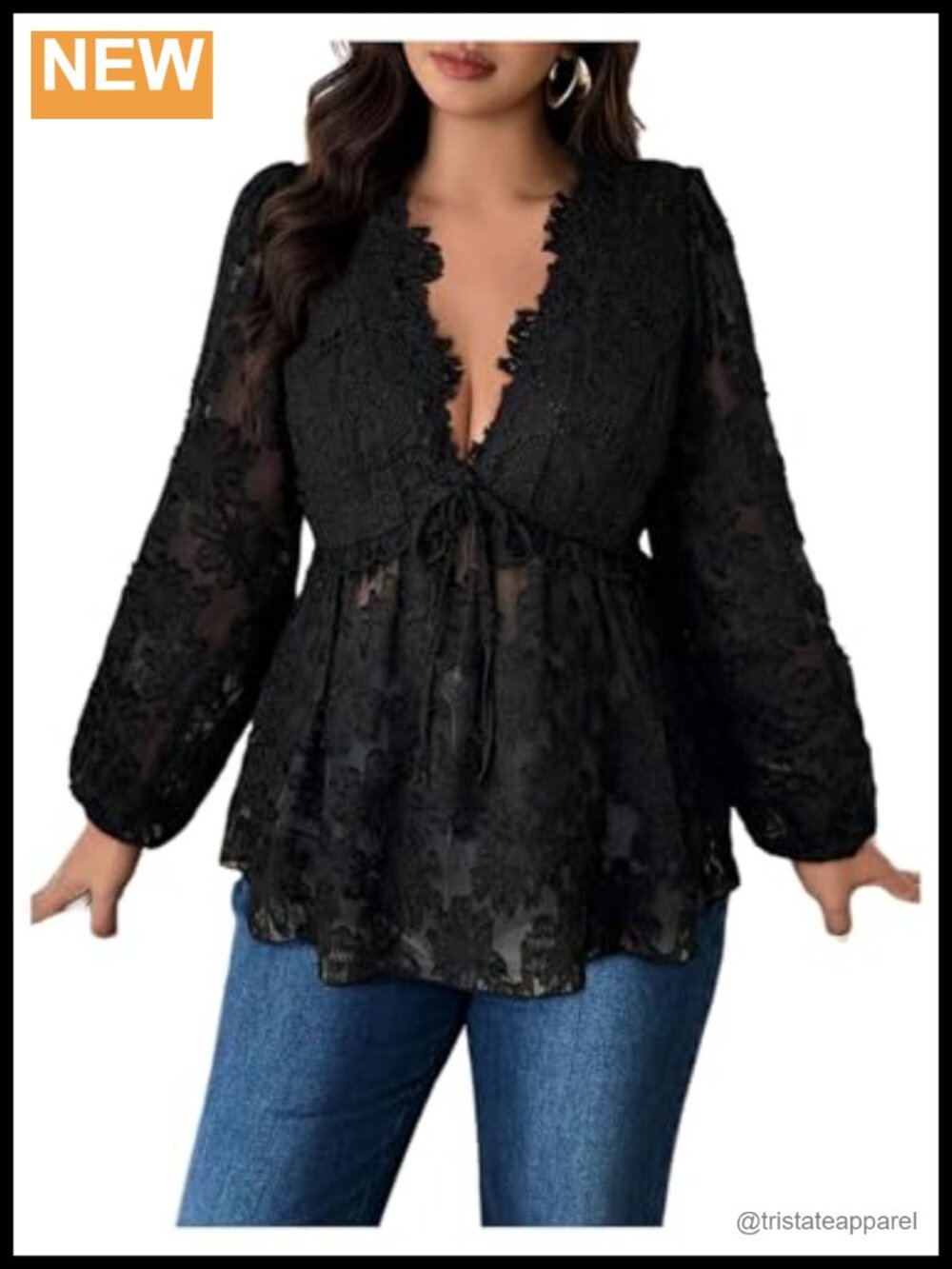 Lace V Neck Long Bishop Sleeve Babydoll Peplum Blouse